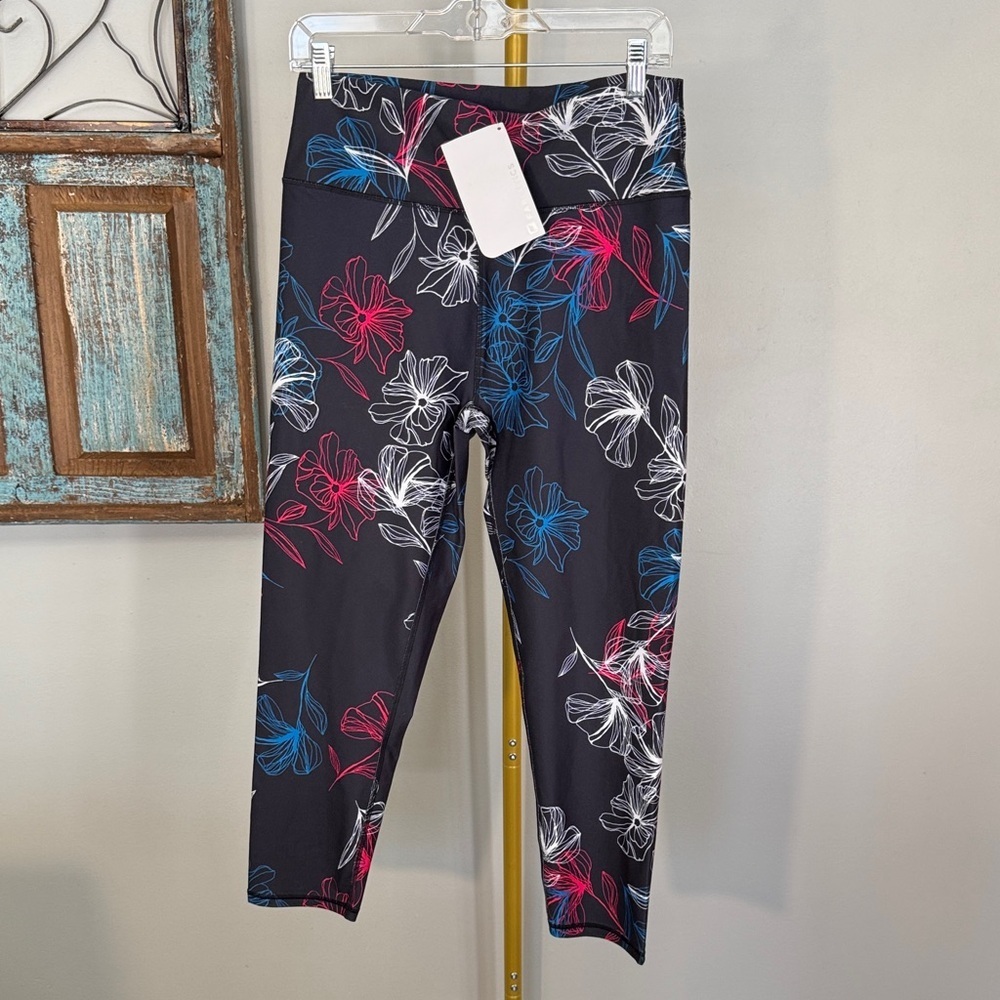 Fabletics Black Floral Leggings with Blue, Red, and White Accents NWT L